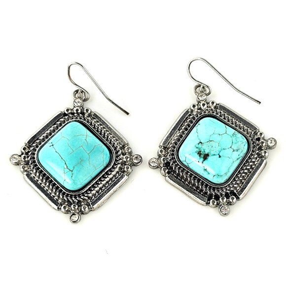 Jewelry - Faux Turquoise Silver Tone Drop Earrings Square Western Boho Statement